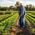 Gardener using a sharp scuffle hoe to weed between vegetable rows efficiently