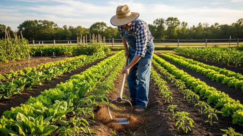 Gardener using a sharp scuffle hoe to weed between vegetable rows efficiently