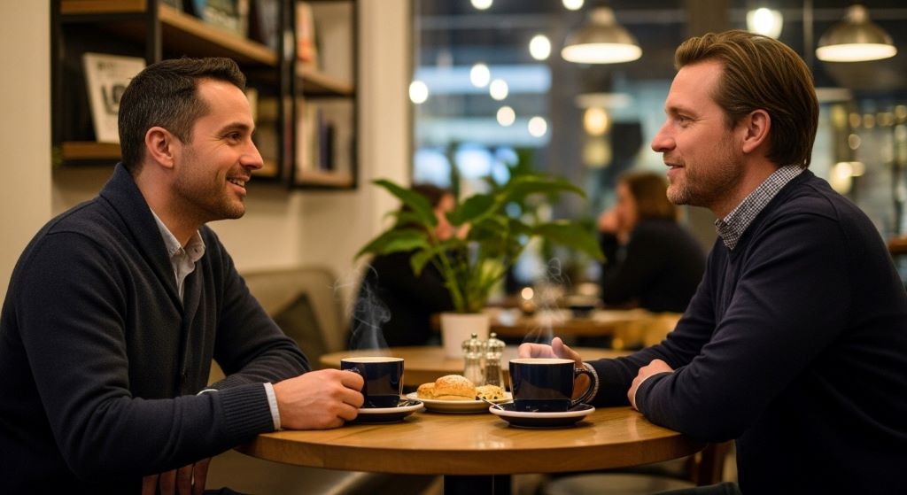 Two men having supportive conversation over coffee building meaningful friendship and emotional connection
