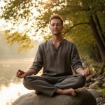 Man sitting peacefully in meditation pose outdoors practicing mindfulness for mental health wellness