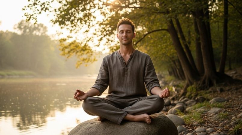 Man sitting peacefully in meditation pose outdoors practicing mindfulness for mental health wellness