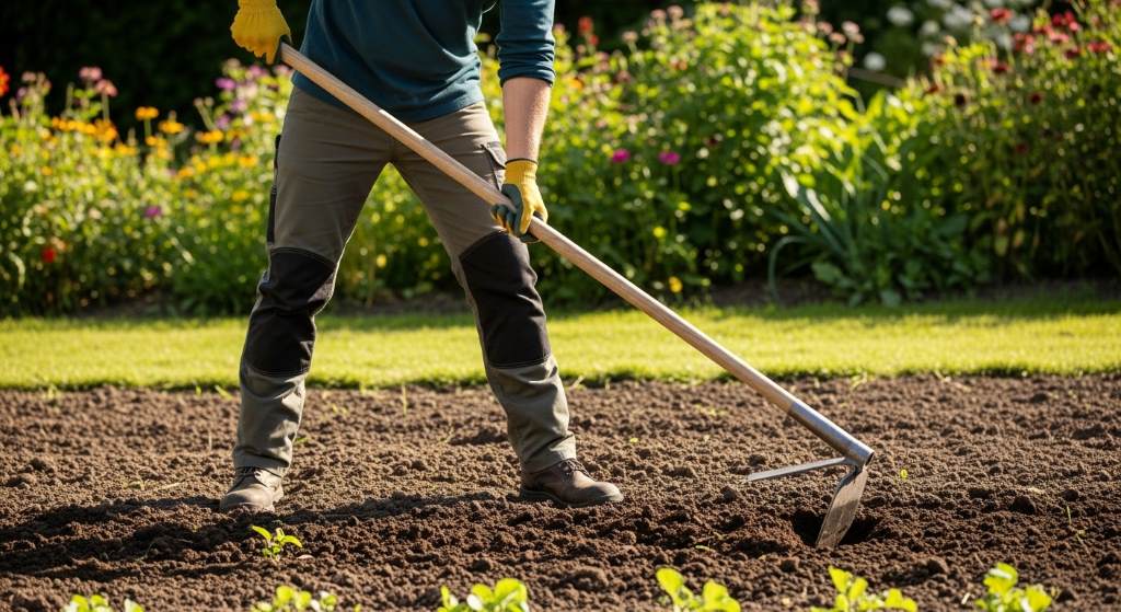 Person demonstrating proper ergonomic posture with long-handled draw hoe in garden bed