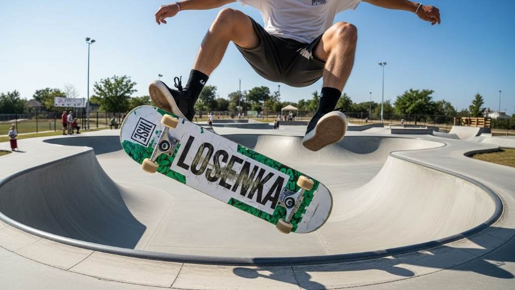 Rider switching stances on double tail LOSENKA deck at skate park ramp