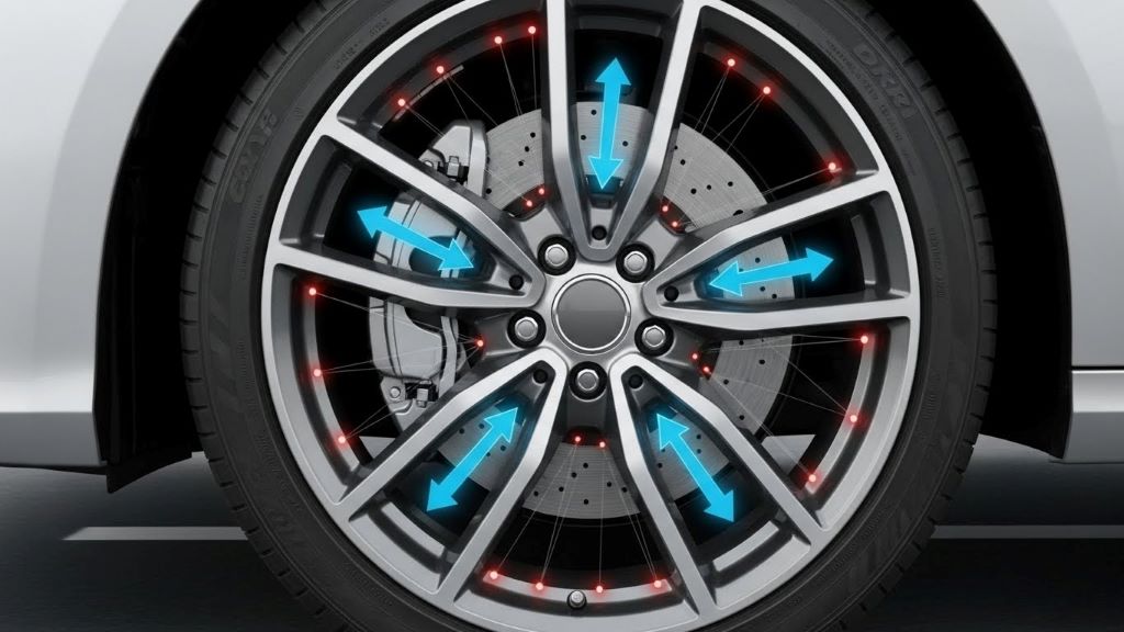 Car wheels with arrows indicating brake application and sensor monitoring for vehicle dynamic control system