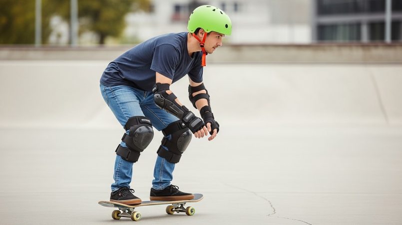 Complete skate safety gear setup with helmet and pads