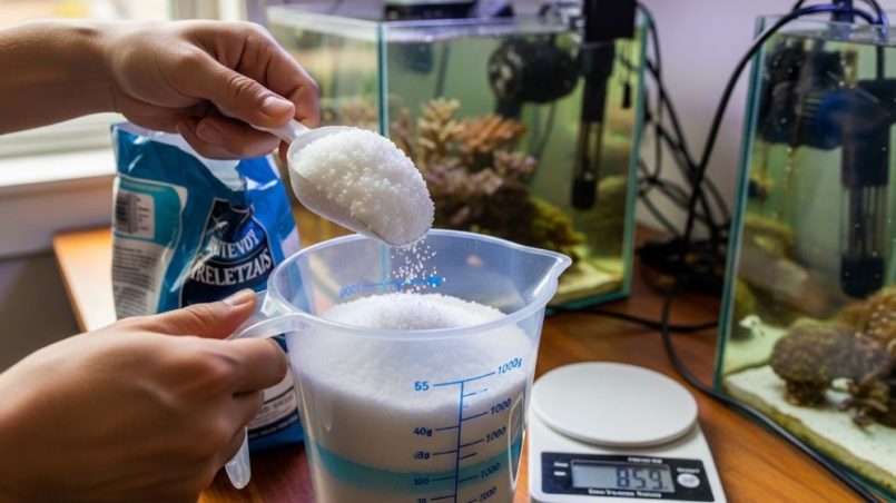 Reef aquarium salt mix being measured for saltwater preparation