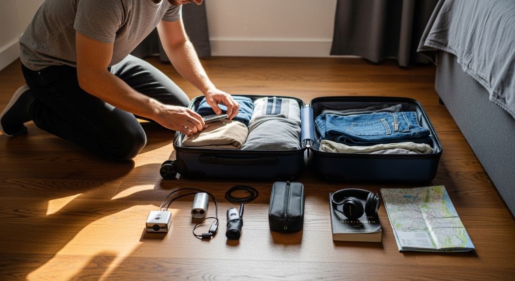 A man packing a carry-on suitcase with neatly folded clothes, a universal adapter, and compact portable items laid out on a wooden floor