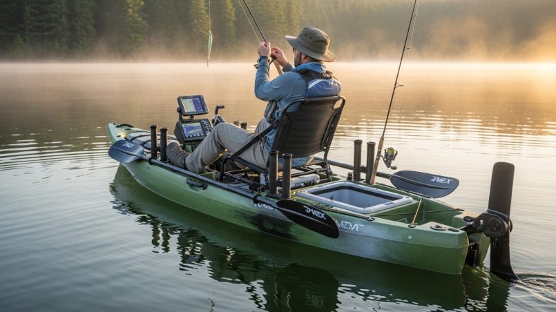 angler using pedal drive fishing kayak hands free casting