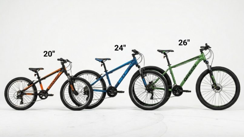 Three different sized mountain bikes (20, 24, and 26 inches) lined up for size comparison.