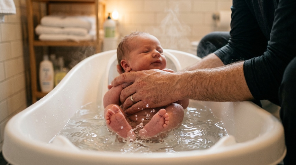 A father gently washing a newborn baby in a white infant tub with warm water.
