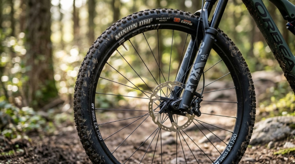Close-up of a mountain bike wheel and frame detailing the rugged tire tread and disc brake