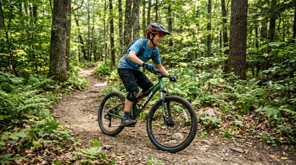A young rider cycling on a 24-inch mountain bike through a sunny woodland trail.