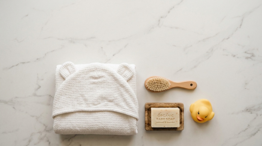 A flat-lay of baby bath items including a hooded towel and wooden brush on a marble background.