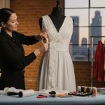 Fashion stylist adjusting dress with no sew fashion tape in Los Angeles