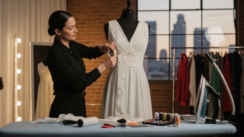 Fashion stylist adjusting dress with no sew fashion tape in Los Angeles