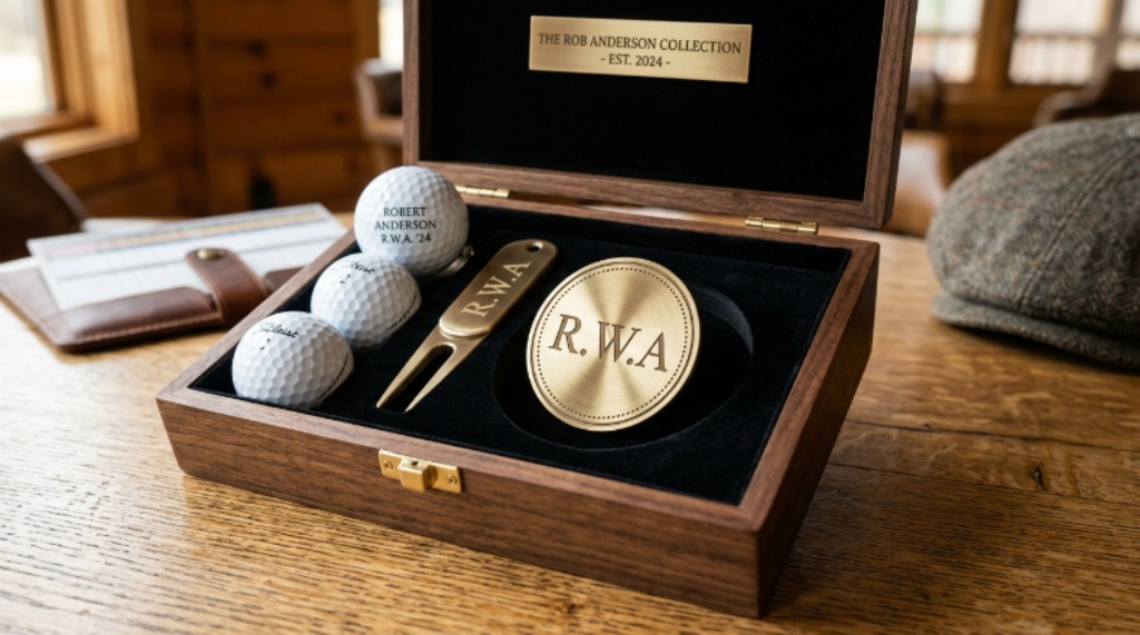 Close-up of a personalized golf gift box containing an engraved brass golf ball marker with initials