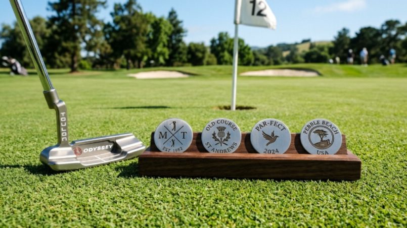 Set of custom engraved golf ball markers in stainless steel displayed on a golf green beside a putter
