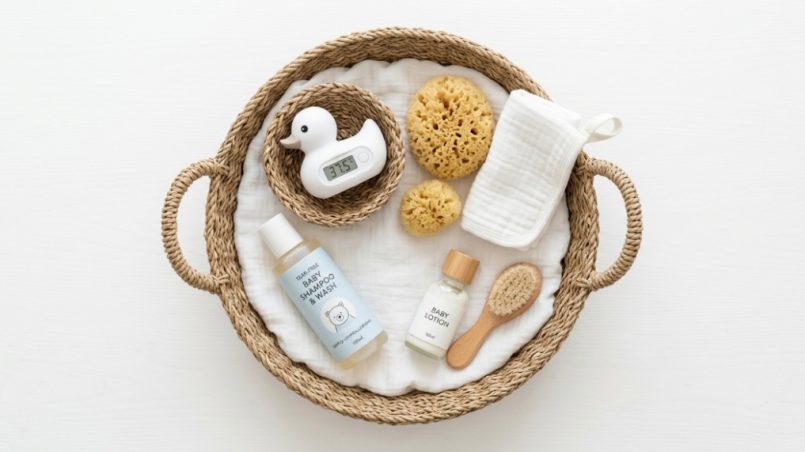 A flat-lay of baby bath items including a hooded towel and wooden brush on a marble background.