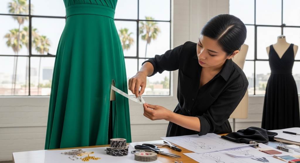 Temporary dress shortening technique during Hollywood fashion shoot