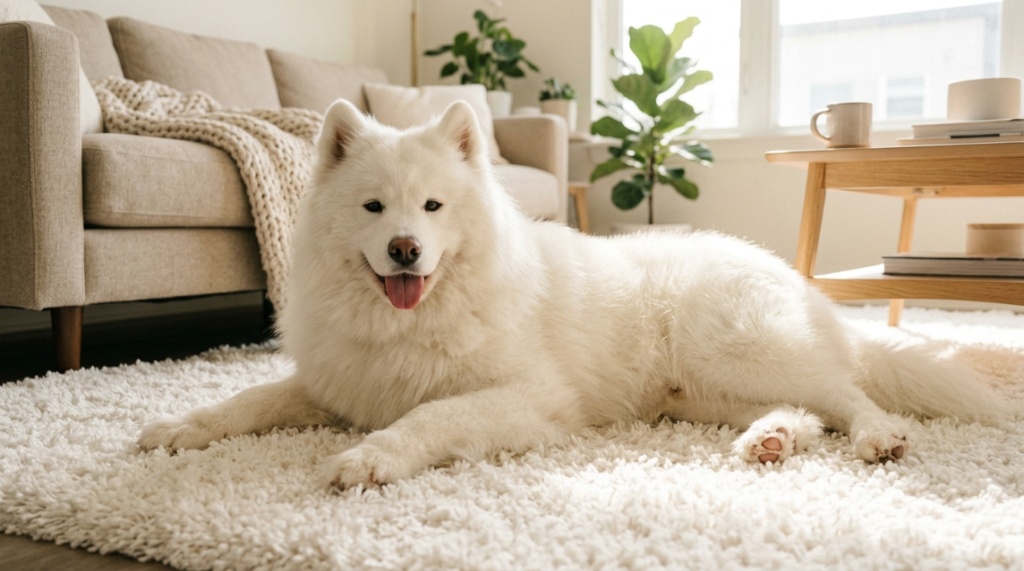 A happy dog with clean paws relaxes on a spotless white living room rug.