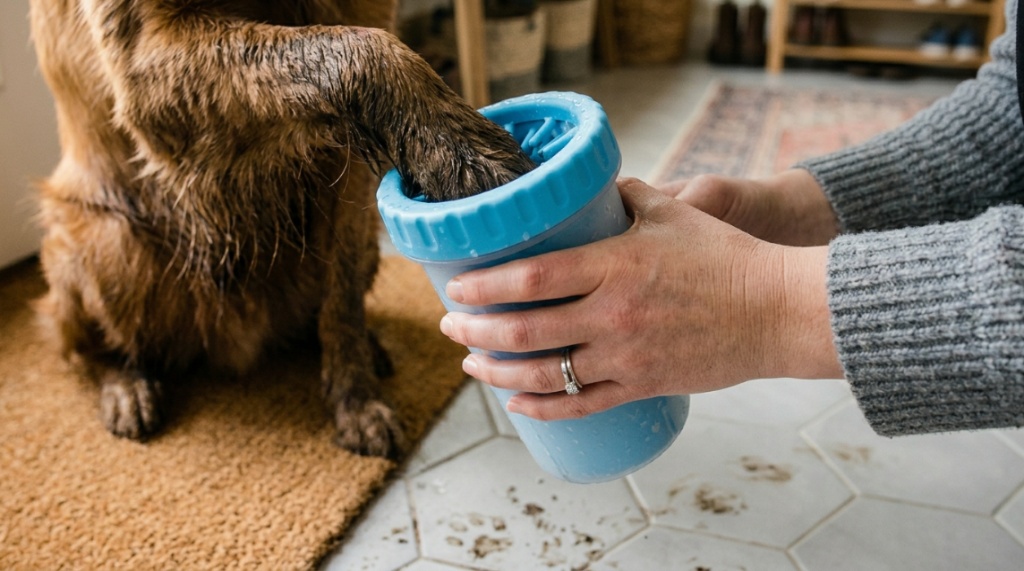 A person cleans a dog's muddy paw indoors using a blue silicone washing cup.
