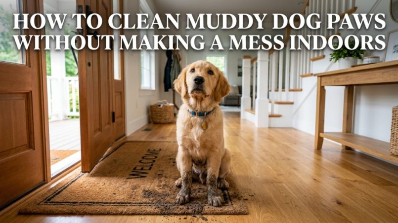 A muddy golden retriever sits on a doormat with text overlay of the article title.