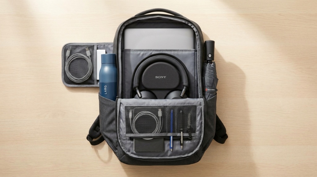 An open commuter backpack showing organized compartments with a laptop and daily essentials.