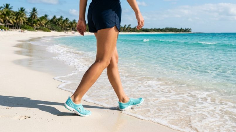 Person wearing quick dry water socks walking on a sunny tropical sand beach.