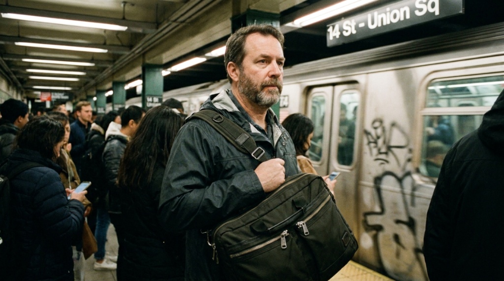 A commuter wearing a durable crossbody briefcase on a busy New York subway platform.