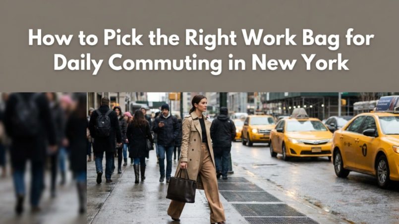 A professional walking on a New York sidewalk carrying a sleek daily work bag.
