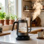 Sleek electric kettle boiling water on a modern kitchen countertop.
