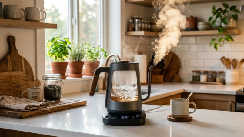 Sleek electric kettle boiling water on a modern kitchen countertop.