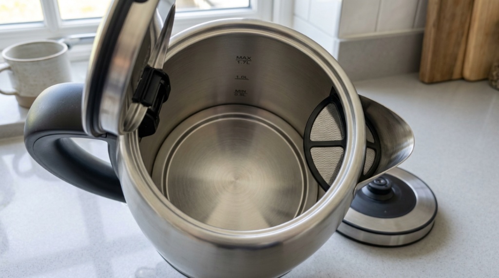 Open electric kettle showing clean stainless steel interior and filter.