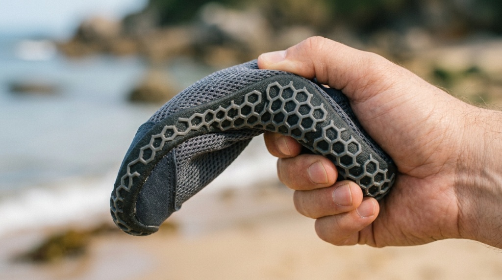 Footwear protection using water socks while walking over wet river rocks.