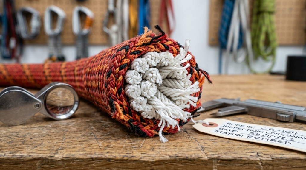 Hands testing the tension of a climbing rope tied to an anchor.