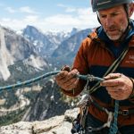 Climber closely inspecting a textured nylon rappelling rope outdoors.
