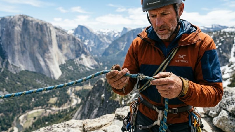 Climber closely inspecting a textured nylon rappelling rope outdoors.