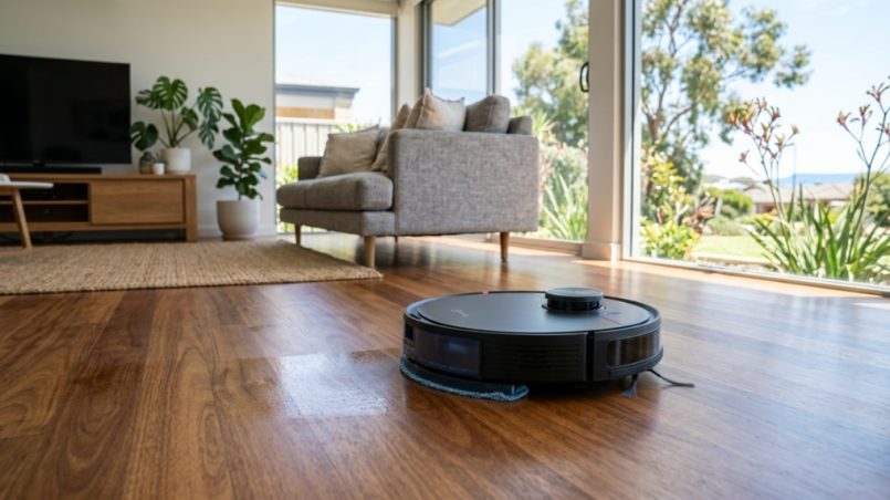 Affordable robot vacuum and mop cleaning a modern living room floor.