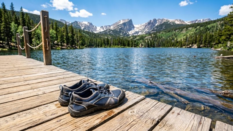 Budget water shoes resting on a wooden dock by a Colorado mountain lake.