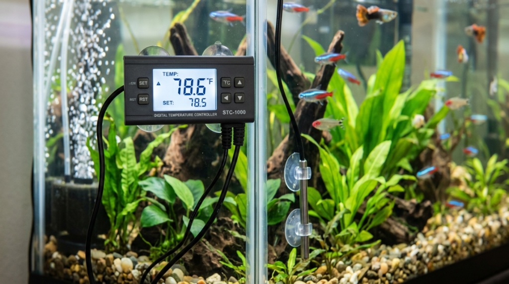 Digital aquarium thermometer and temperature controller attached to a fish tank glass.