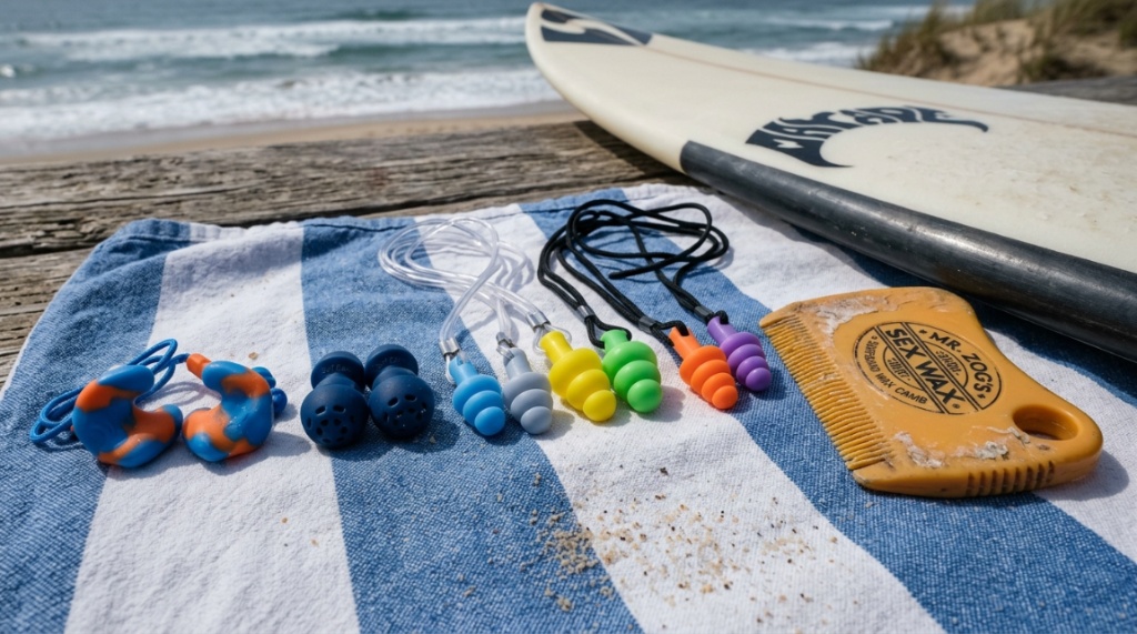 Various types of silicone surf ear plugs displayed on a towel.