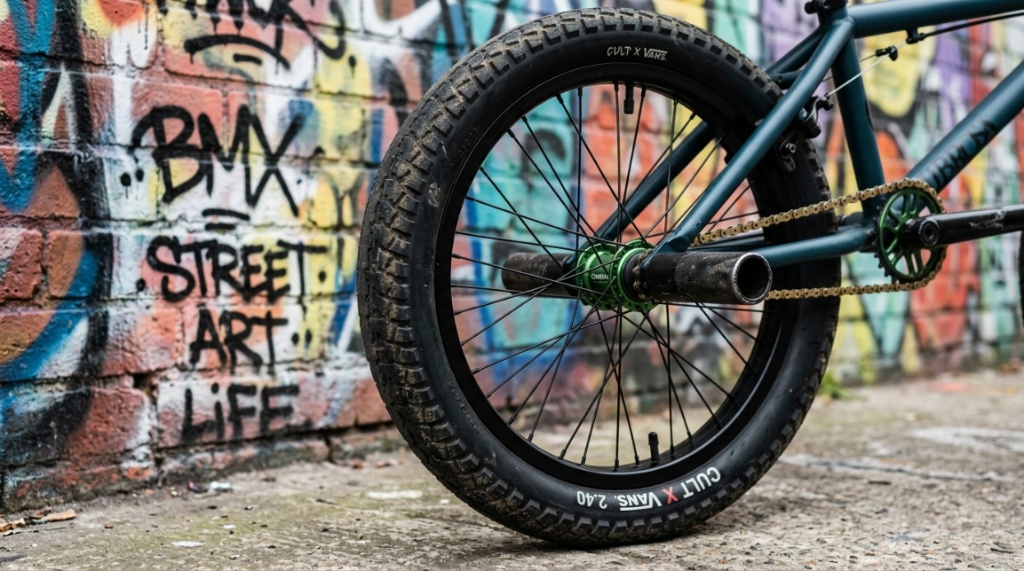Close-up of a high-performance BMX bike frame parked near a brick wall.