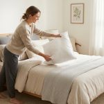 Fluffy white pillows on a neatly made bed with warm lighting.