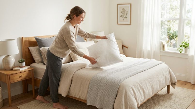 Fluffy white pillows on a neatly made bed with warm lighting.