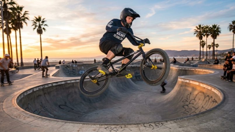 BMX rider jumping high over a concrete skatepark bowl at sunset.