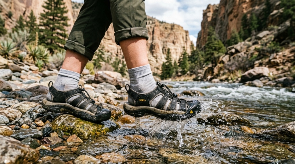 Person wearing affordable water shoes walking along a rocky Colorado river.