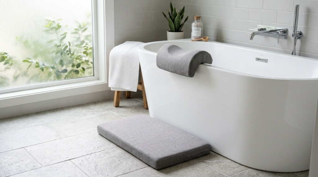 Parent bathing a toddler while using a comfortable padded bath kneeler.