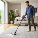 South Asian man testing a cordless stick vacuum on a living room carpet.