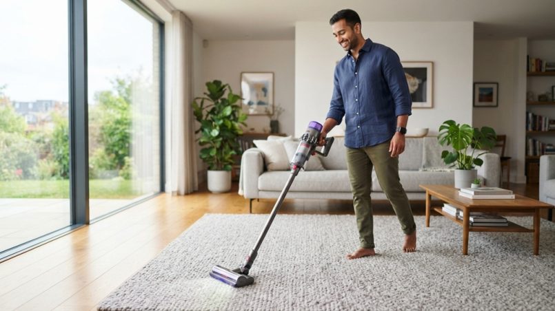 South Asian man testing a cordless stick vacuum on a living room carpet.