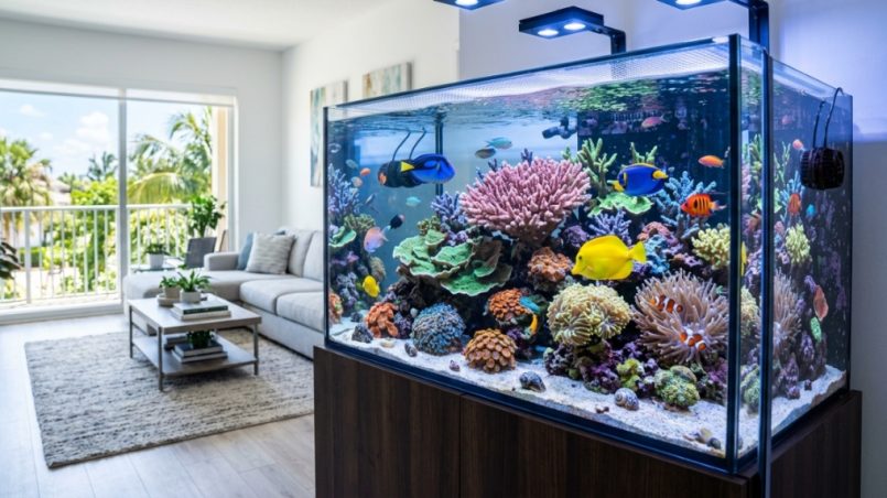 Vibrant saltwater reef aquarium with colorful corals in a bright Florida home